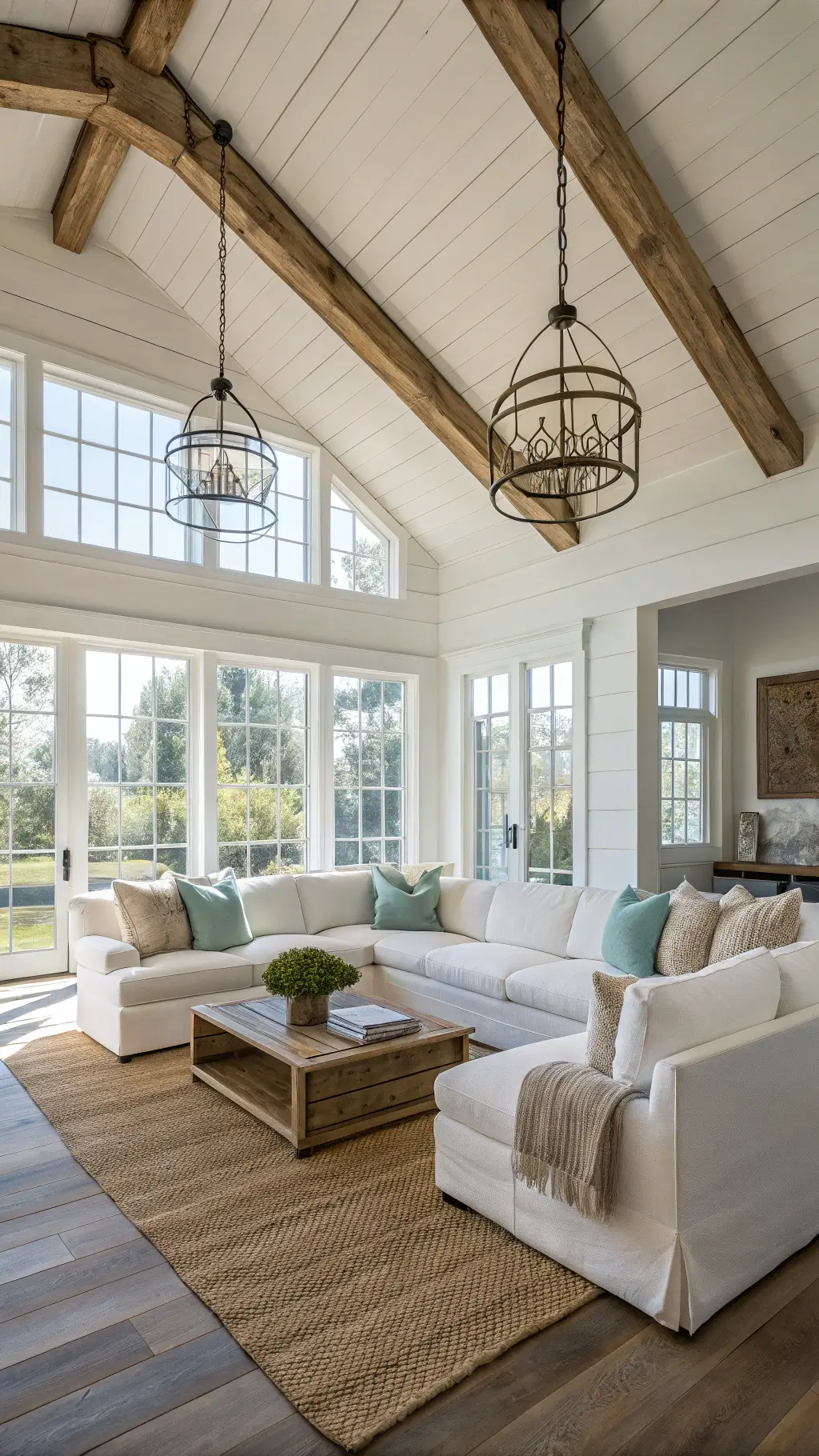 Sunlit living room with white shiplap walls, reclaimed wooden beams, a white sectional sofa with seafoam and beige pillows, a driftwood coffee table on a jute rug, and bay windows allowing in ample natural light.