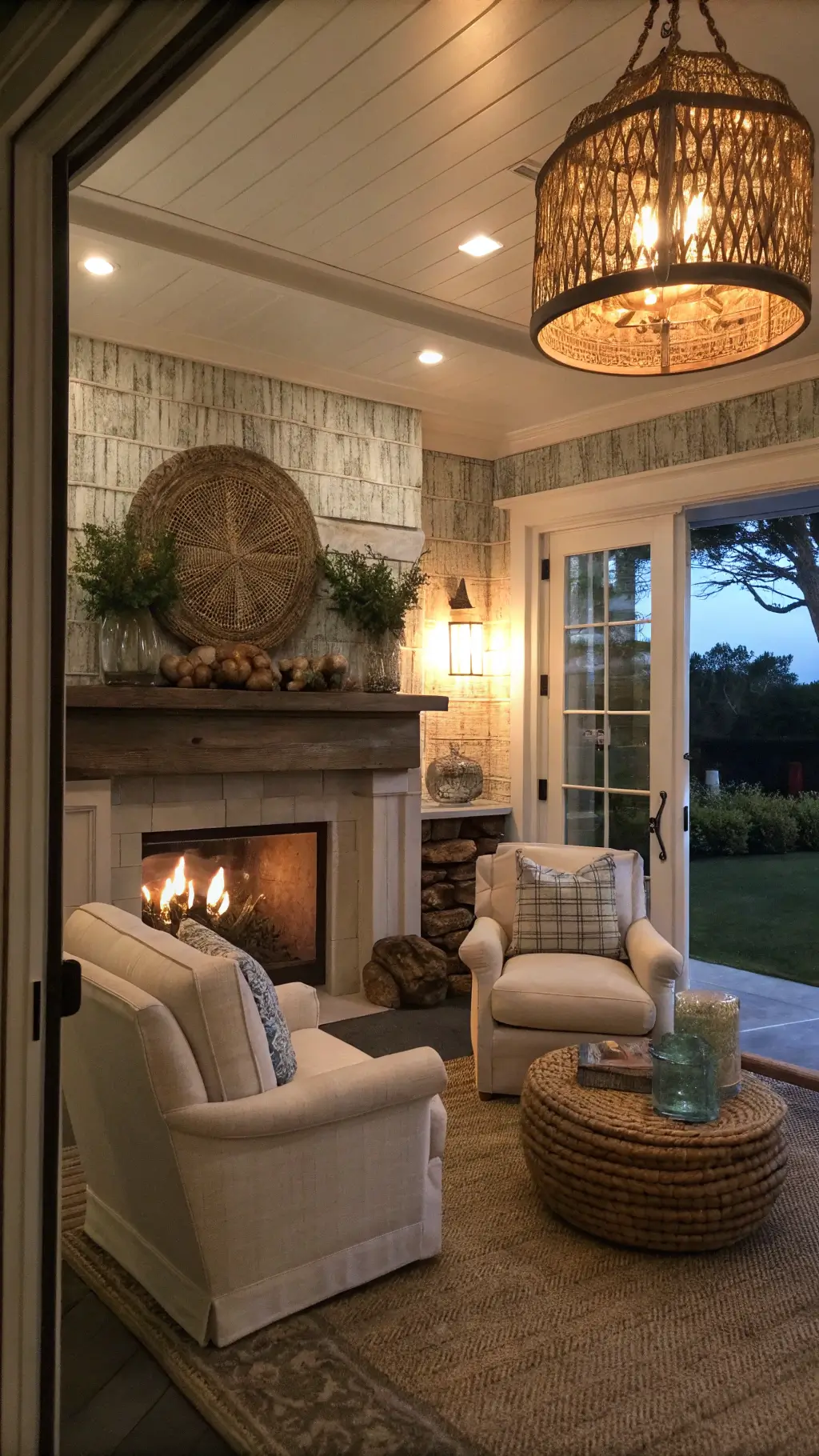 Cozy 16x20ft family room at dusk with large linen armchairs, salvaged wood fireplace mantel decorated with sea glass and driftwood, woven rattan pendant lights, and textured grasscloth wallpaper, viewed from the doorway.