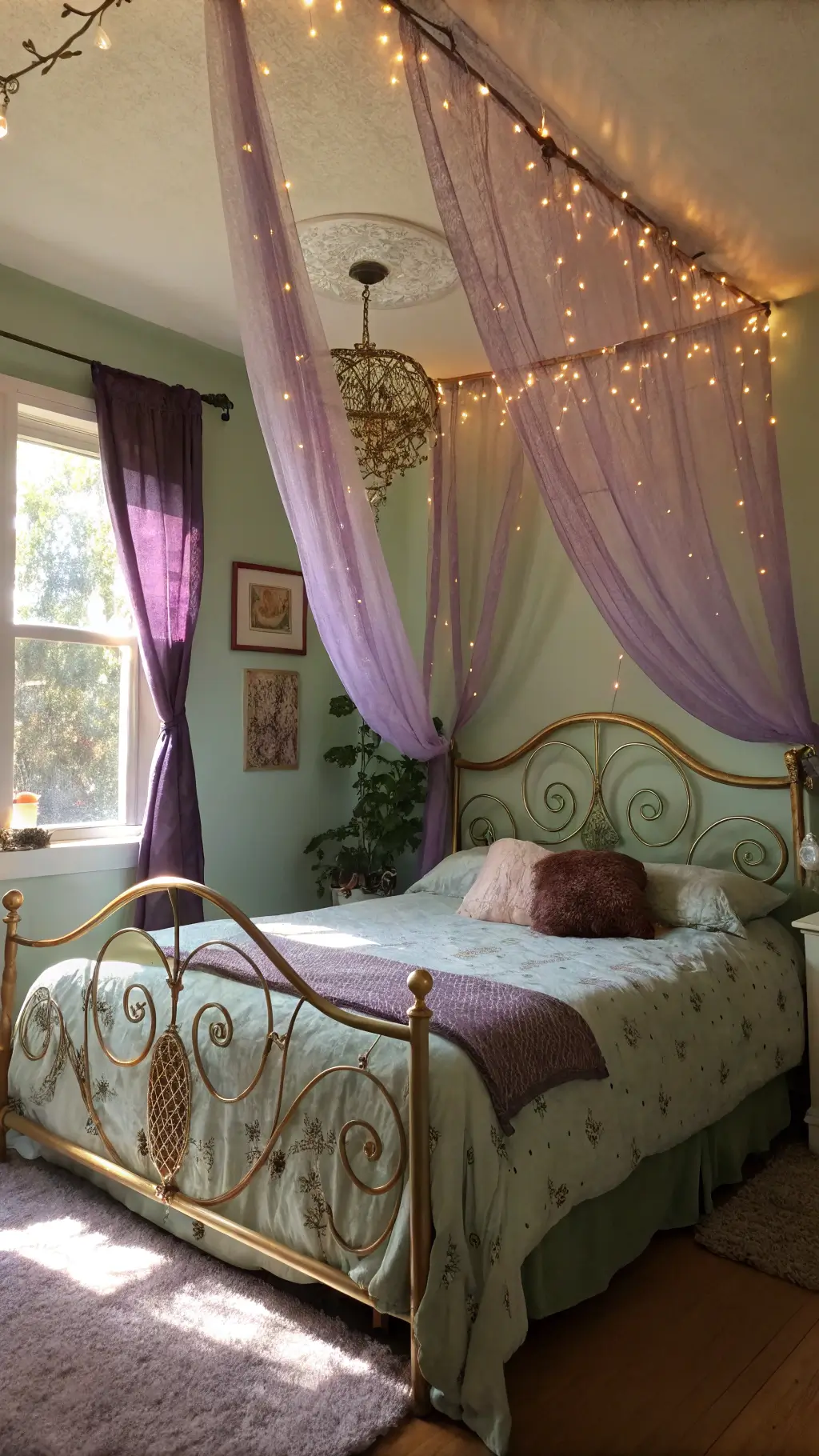 Vintage bedroom bathed in golden sunset light, with violet canopy casting patterns on sage walls, brass bed with rose and pearl color scheme, fairy lights, and crystal decorations.