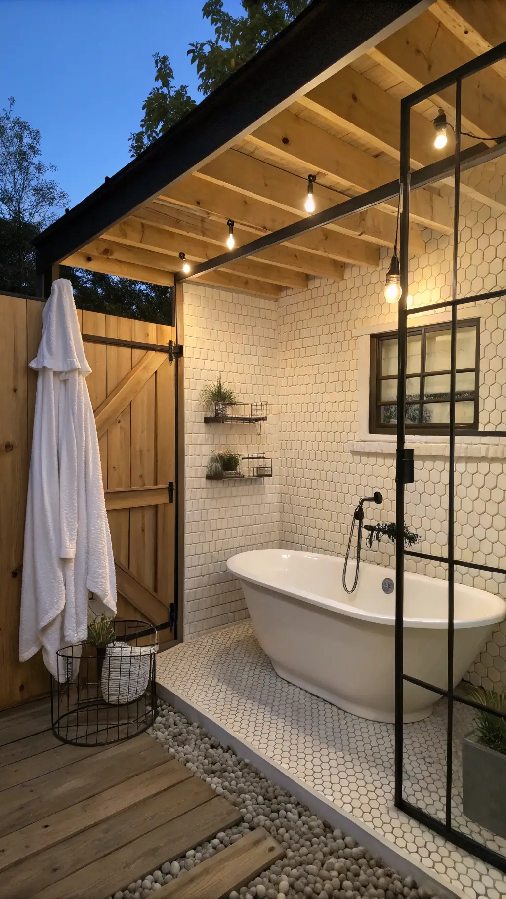 Serene small bathroom with a pedestal tub-shower, white penny tiles, black steel shower frame, and rustic cedar plank ceiling, decorated with vintage wire baskets and white linens, under warm artificial lighting at dusk.