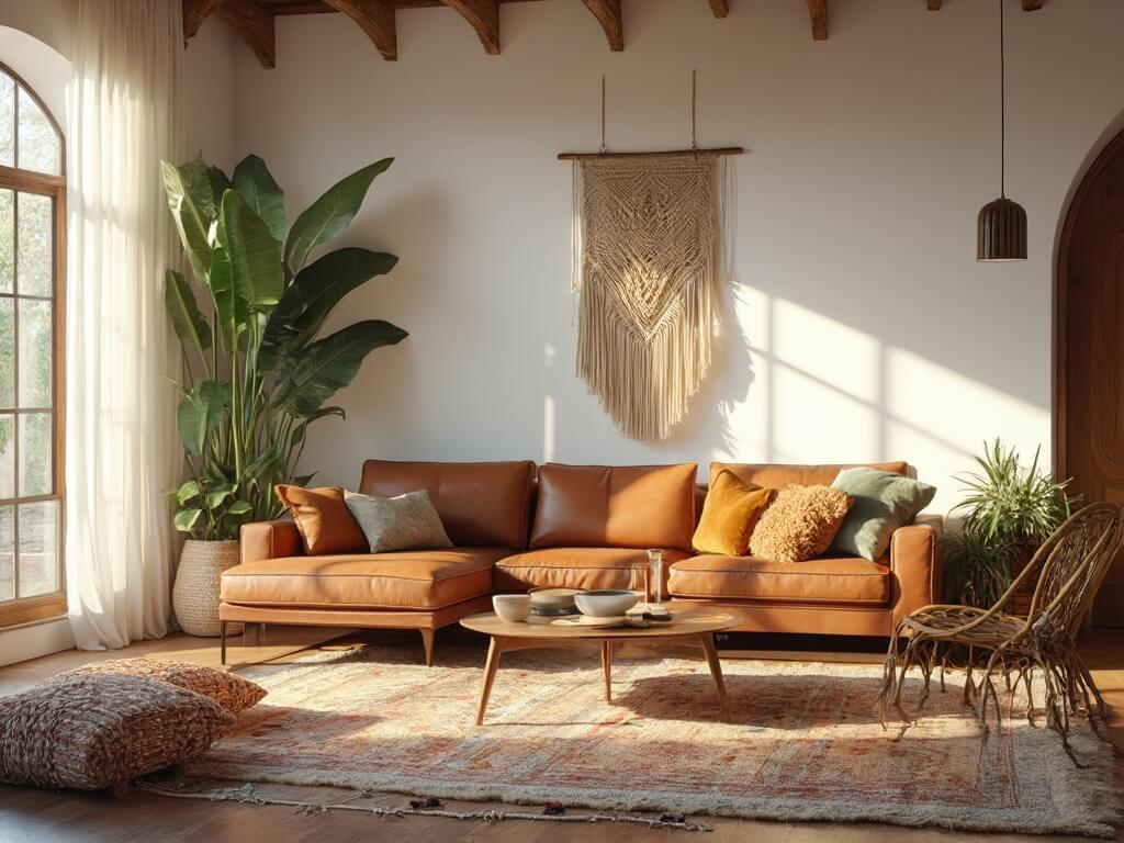 "Boho mid-century modern living room interior bathed in afternoon sunlight, featuring a leather sofa, walnut coffee table, Moroccan rugs, and green indoor plants"