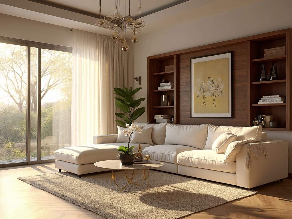 "Contemporary luxe living room with cream sectional sofa, white oak flooring, floor-to-ceiling windows, brass Arco lamp, walnut shelving, minimal brass and marble coffee table, during golden hour"