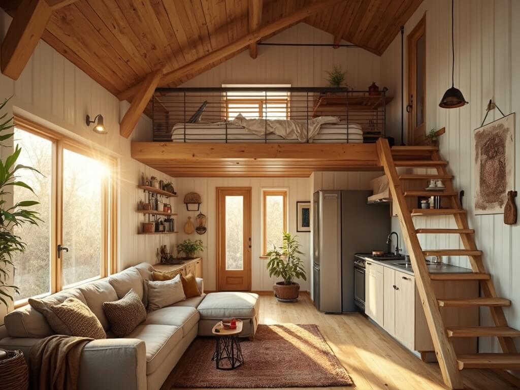 "Rustic-modern cabin loft interior during golden hour with exposed pine beams, whitewashed walls, open living area, and elevated sleeping loft"