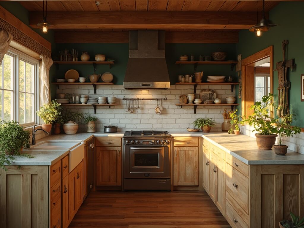 "Rustic elegance cabin kitchen interior featuring Douglas fir cabinetry, soapstone countertops, vintage copper pot rack, earth-toned pottery, and natural linen curtains in golden hour lighting."
