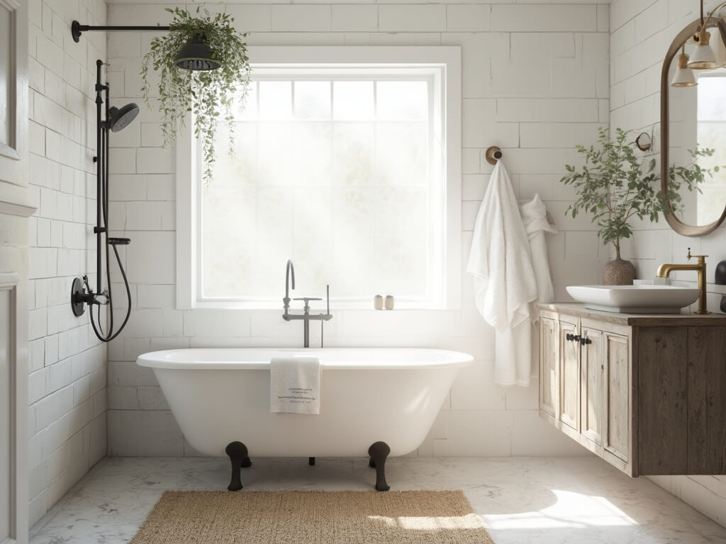 "Cozy farmhouse bathroom with clawfoot tub-shower combo, marble floors, and morning sunlight"