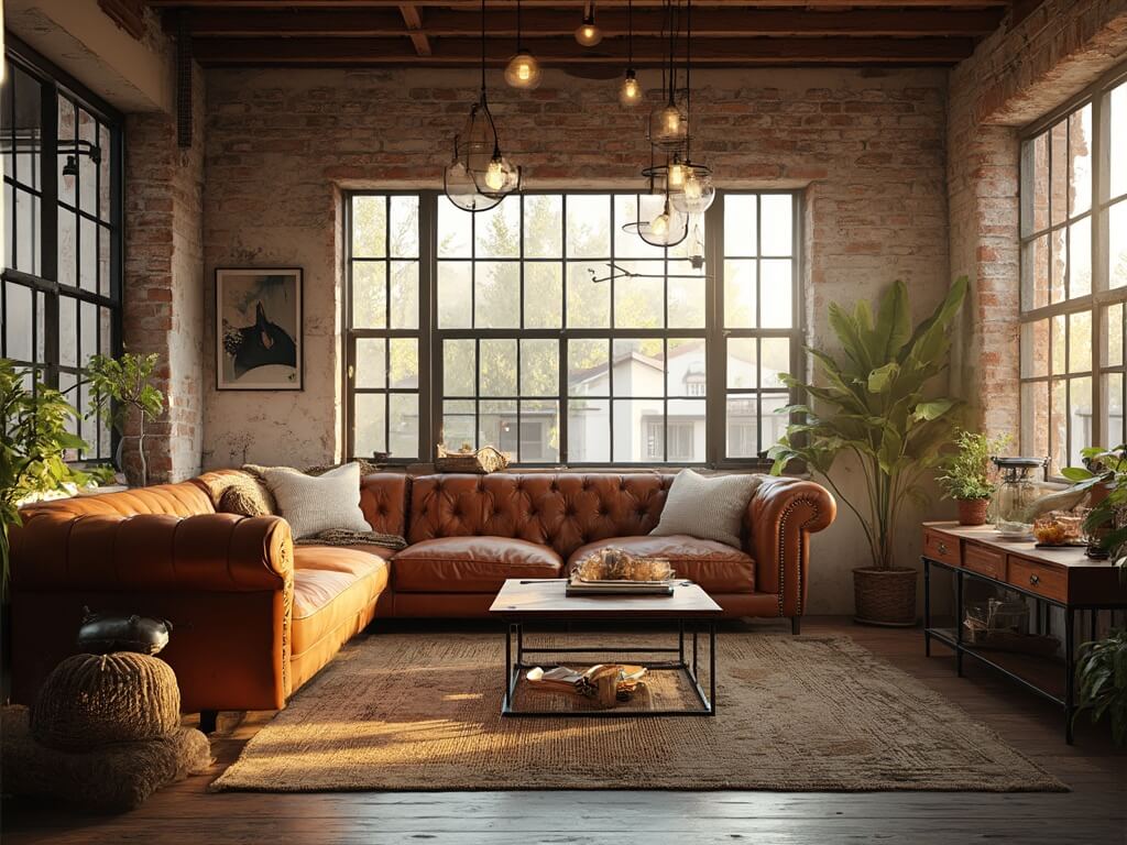 "Sunlit industrial farmhouse living room with white brick walls, wooden beams, cognac leather sofa, and vintage decor during golden hour"