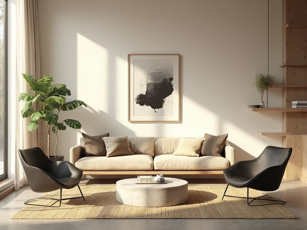 "Japandi-style living room with morning light through floor-to-ceiling windows, minimalistic furniture, natural materials, and a large fiddle leaf fig, shot in ultra high resolution for architectural photography."