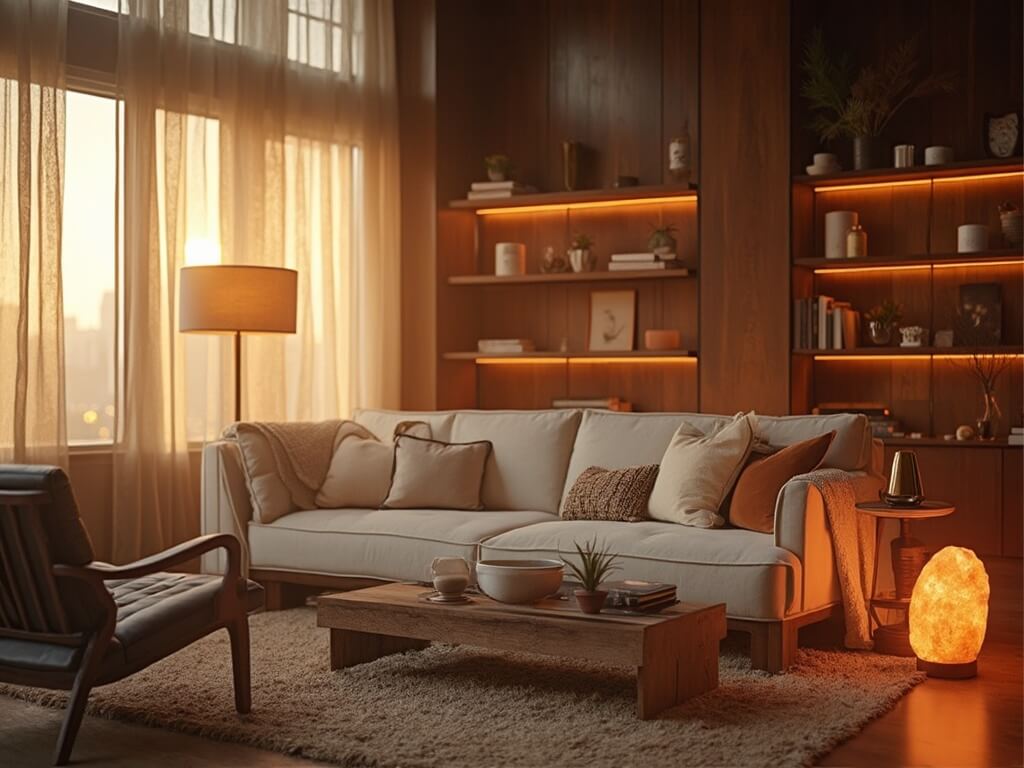 "Sophisticated living room with layered lighting and modern farmhouse decor at golden hour"