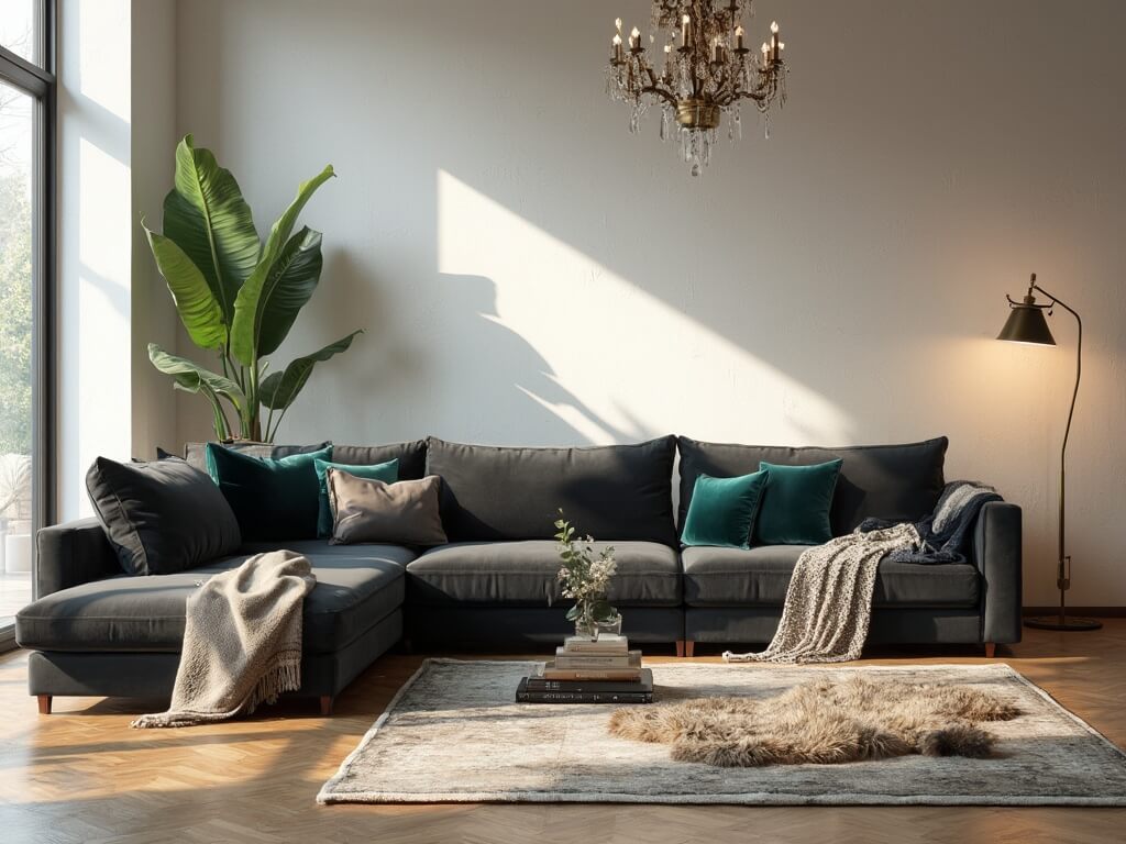 "Cinematic shot of a modern, luxurious living room with a grey velvet sofa, jewel-toned pillows, floor-to-ceiling windows and chic decor shot on Canon EOS R5"