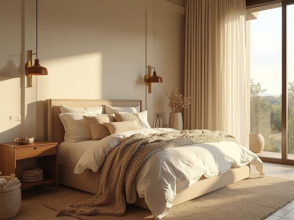 "Luxurious master bedroom with beige decor and king-size bed bathed in golden hour sunlight"