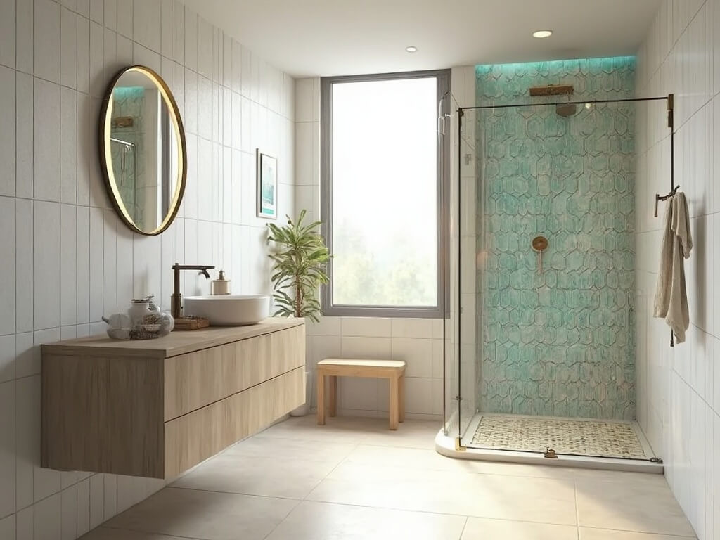 "Luxury small bathroom with ivory porcelain tiles, aqua fish scale feature wall, floating vanity, and brass fixtures in golden hour lighting."