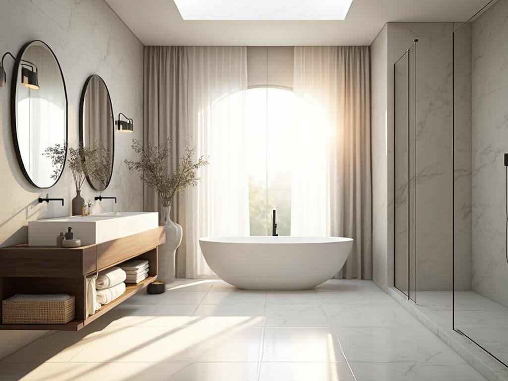 "Luxurious master bathroom with morning sunlight illuminating marble flooring, a freestanding soaking tub and double vanity, framed by natural linen curtains and contemporary decor"