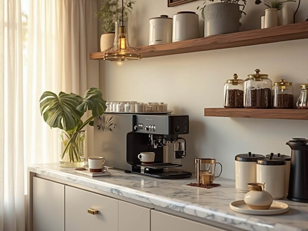 "Elegant home coffee bar with matte black espresso machine, white quartz waterfall counter, and artisanal ceramic mugs in morning golden sunlight"