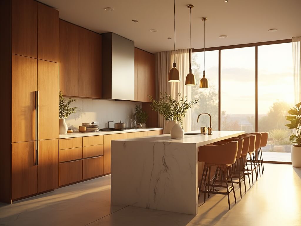 "Luxury modern kitchen with honey-brown Shaker cabinets, white quartz countertops, brass hardware, and a center island bathed in golden hour sunlight"