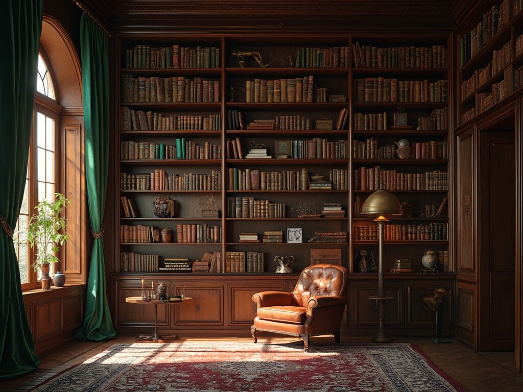 "Luxurious study with mahogany bookshelves, leather armchair, brass reading lamp and vintage decor, in golden hour sunlight"