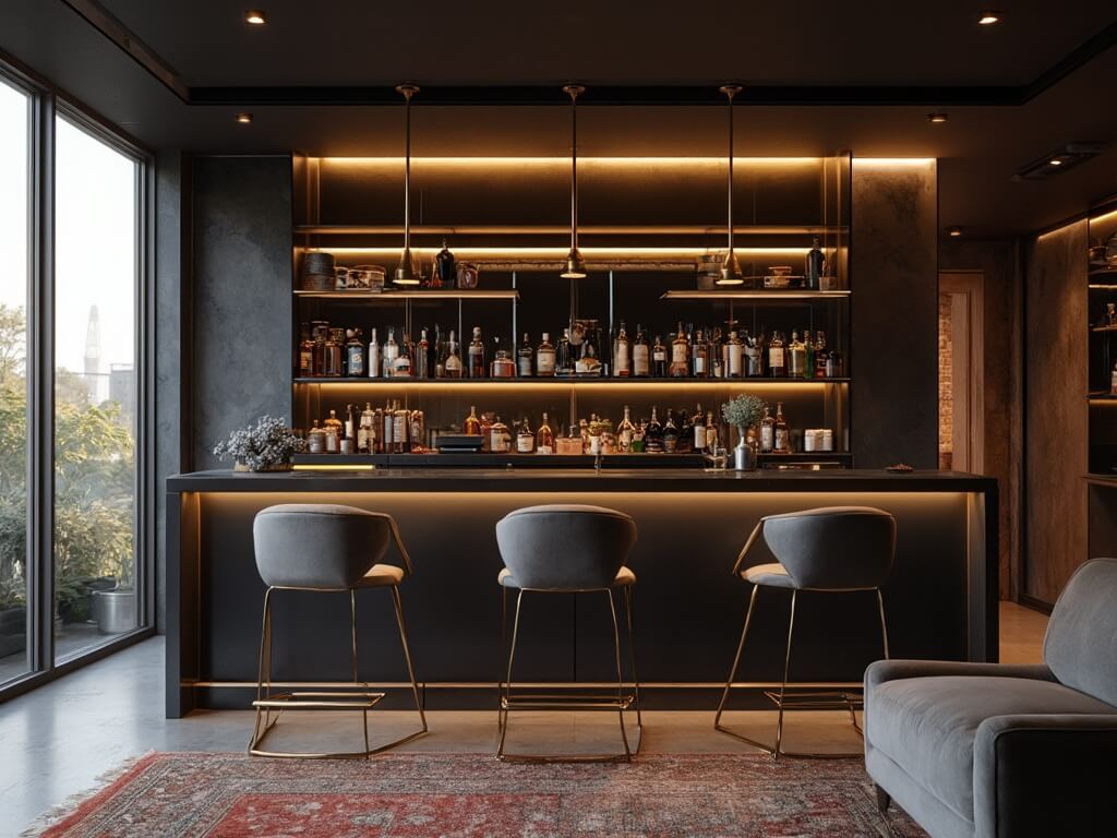 "Elegant modern basement bar with matte black quartz counter, illuminated glass shelves, brushed brass lights, and charcoal brick accent wall"