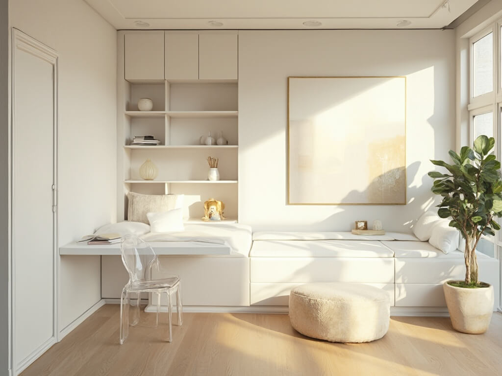 "Minimalist 350sqft studio apartment with morning sunlight, built-in murphy bed, floating shelves and potted fiddle leaf fig"