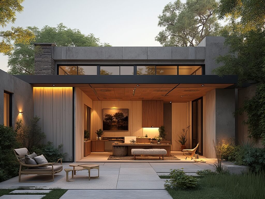 "Luxurious backyard studio collection featuring minimalist, cottage-style, and industrial design elements during golden hour"