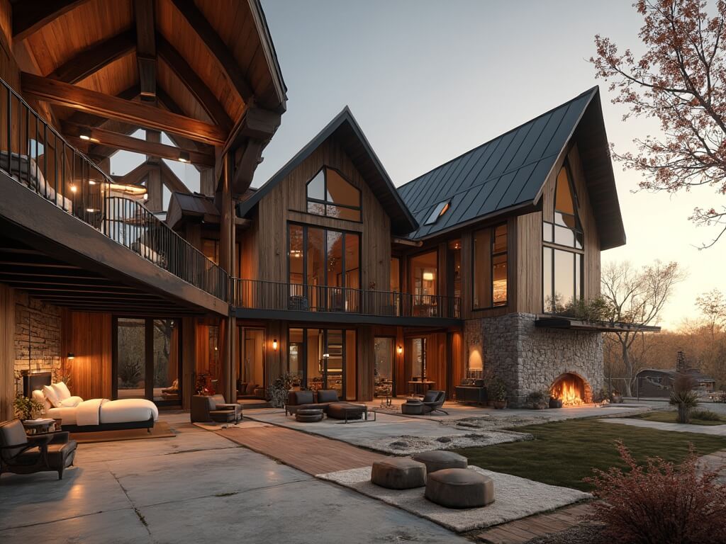 "Interior and exterior of modern barn-style luxury house with Scandinavian-minimalist interior design, floor-to-ceiling windows, wooden beams, industrial kitchen, and copper tub bathroom, shot during golden hour."