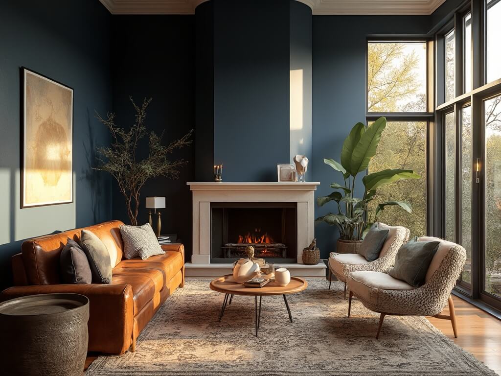 "Modern corner fireplace in a sophisticated living room with mid-century furniture and sunset lighting"