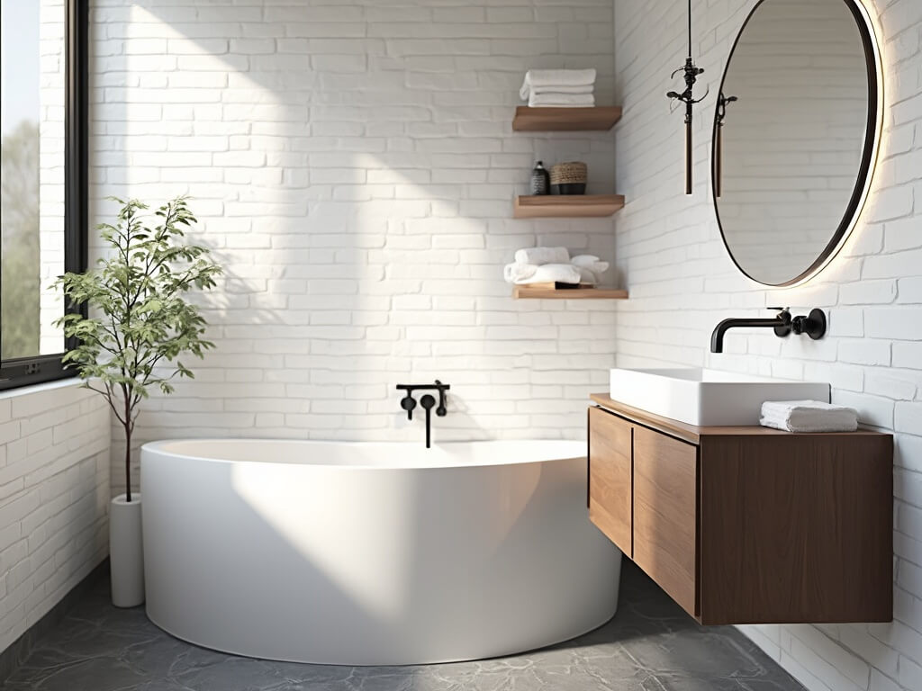 "Modern serene bathroom with corner tub, walnut vanity, and soft morning light"