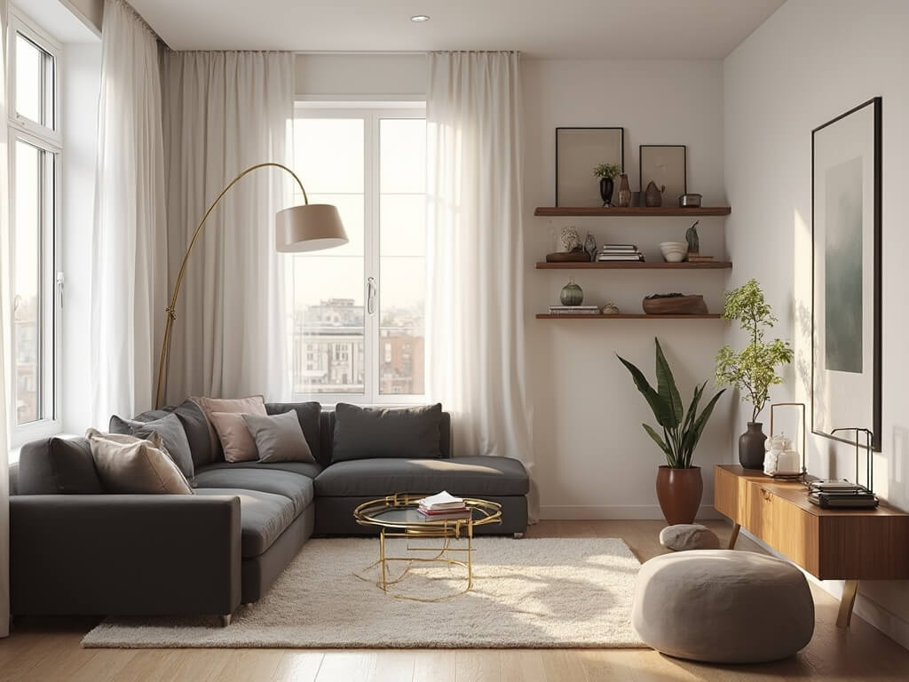 "Modern small space living room with charcoal gray sofa, white walls, brass floor lamp, and walnut shelves during golden hour"