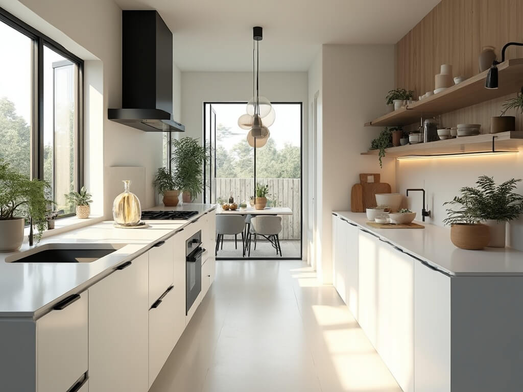 "Contemporary galley kitchen with white quartz countertops, sleek white cabinets, stainless steel appliances, and minimalist decor with greenery accents, shot in morning golden hour light"