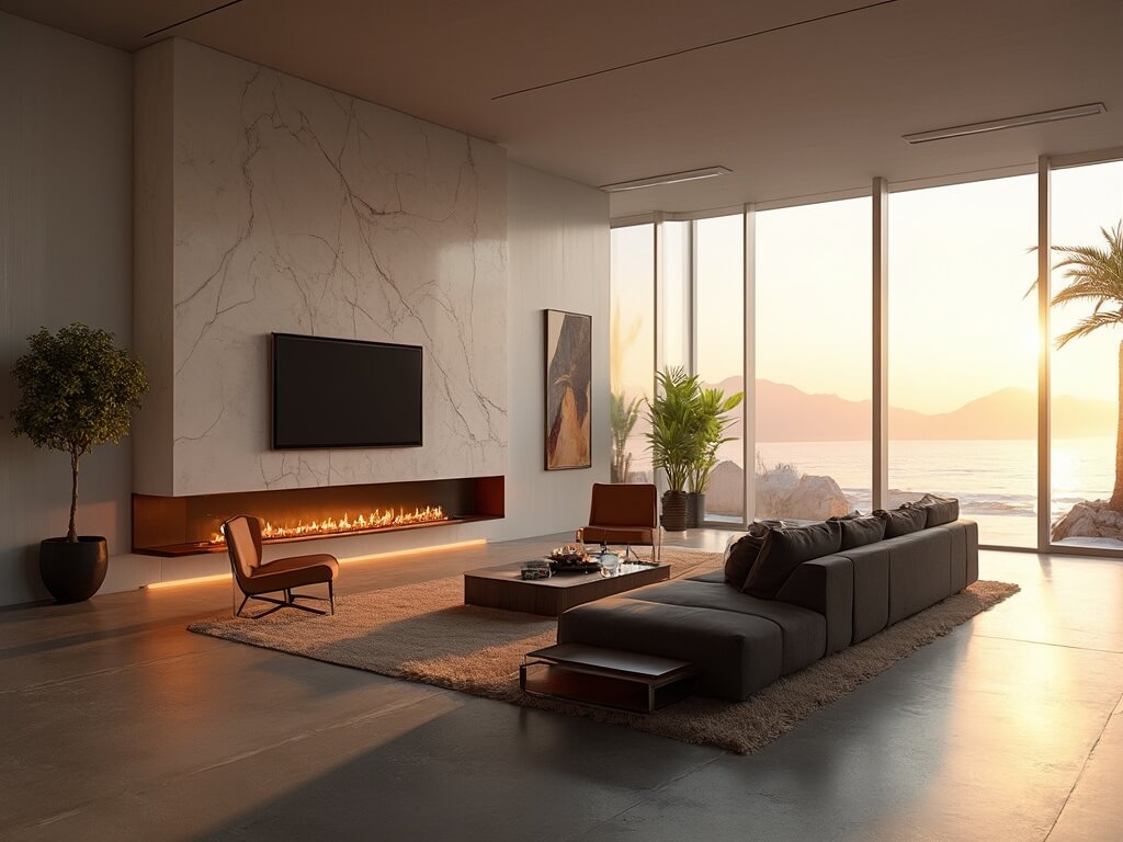"Contemporary living room with sleek gas fireplace, high ceilings, floor-to-ceiling windows, and minimalistic decor at golden hour"