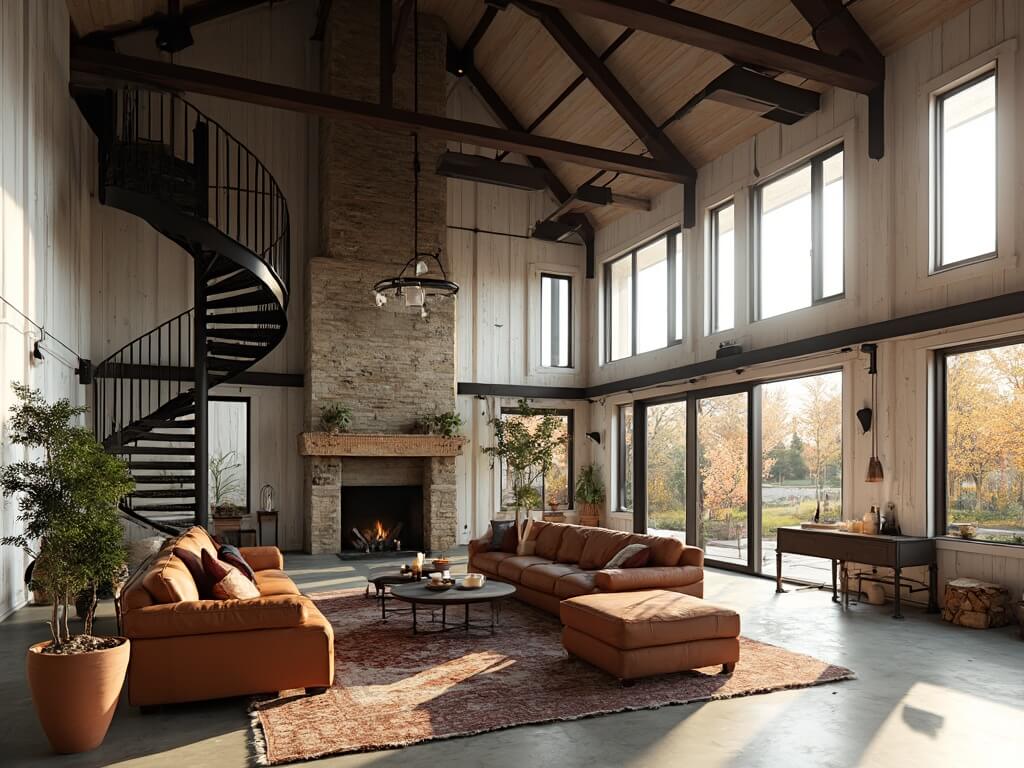 "Modern rustic barndominium great room with cathedral ceiling, exposed black steel trusses, floor-to-ceiling windows, and industrial details"