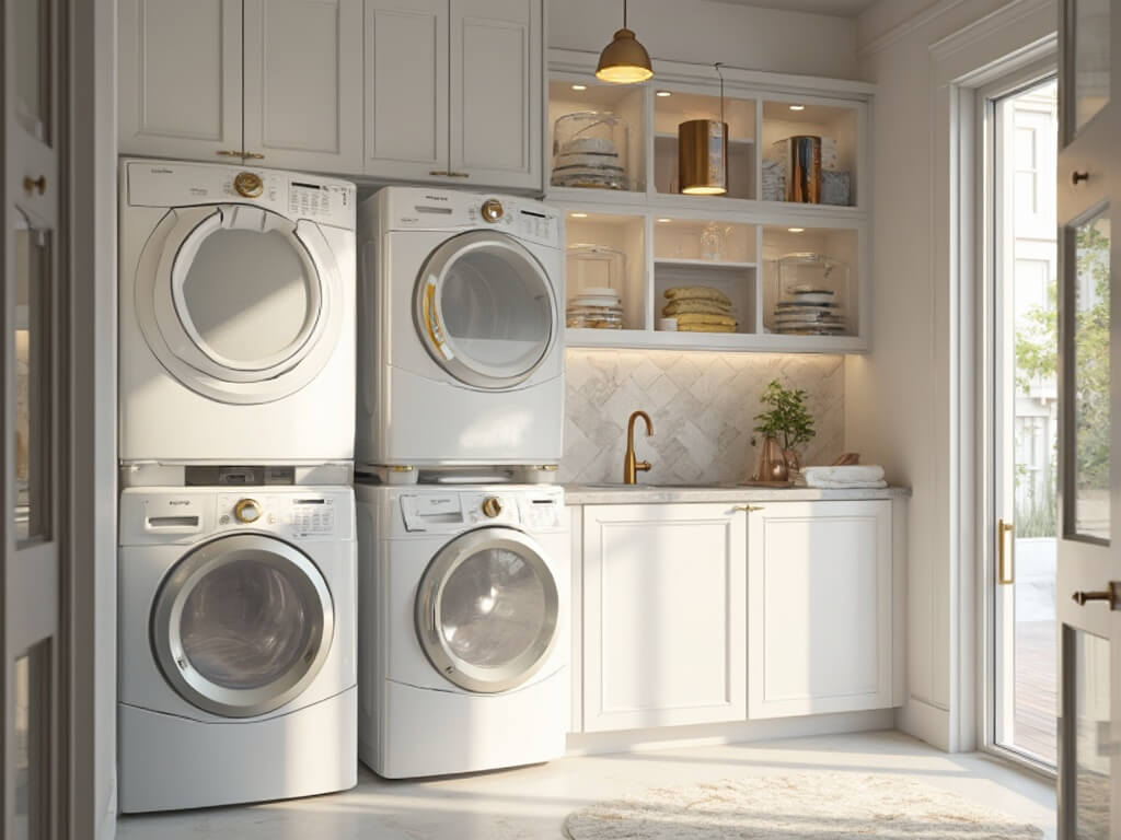 "Luxurious compact laundry room interior featuring stacked washer-dryer units, custom white shaker cabinets, quartz countertop, pull-out organization drawers and built-in floating shelves under golden hour lighting"