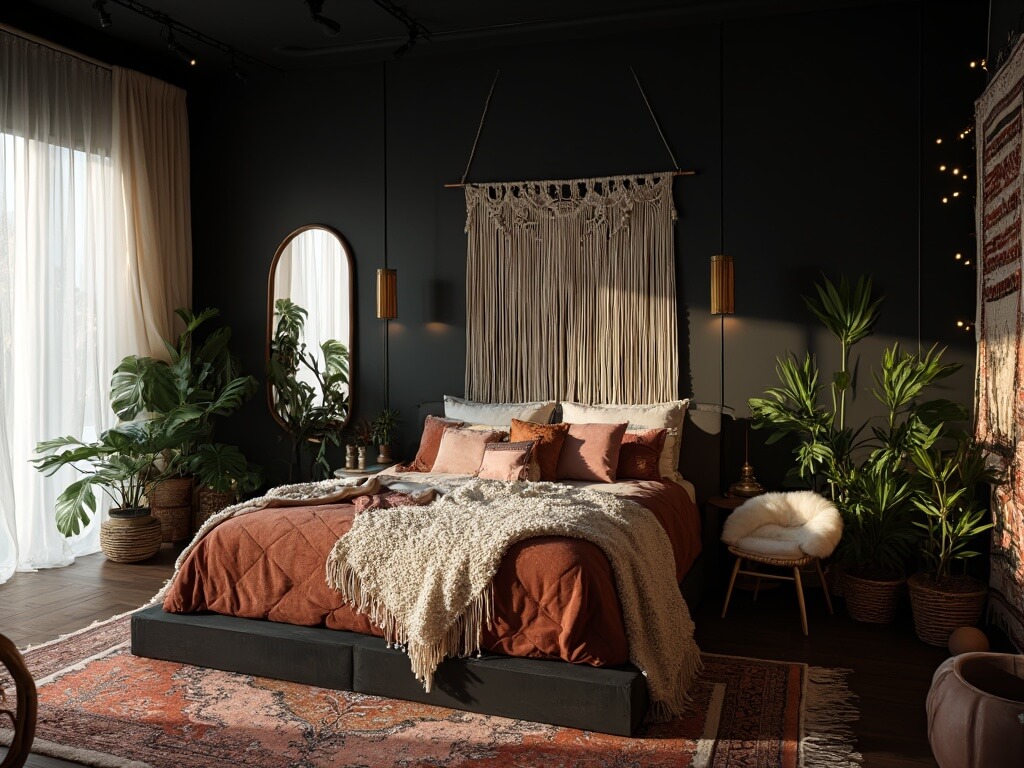 "Luxurious bohemian bedroom with matte black walls, vintage Moroccan blankets, and large monstera plants"