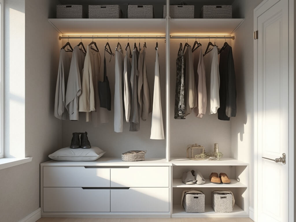 "Photo of a meticulously organized small closet, featuring double hanging rods, white floating shelves, clear acrylic drawer organizers, and gray storage baskets, illuminated by warm LED lights and morning sunlight."
