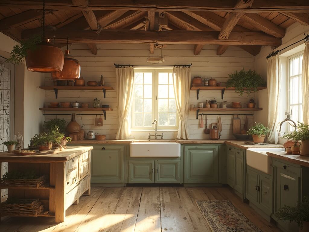 "Sunlit rustic farmhouse kitchen interior during golden hour, featuring wooden beams, sage green cabinets, and vintage decor"