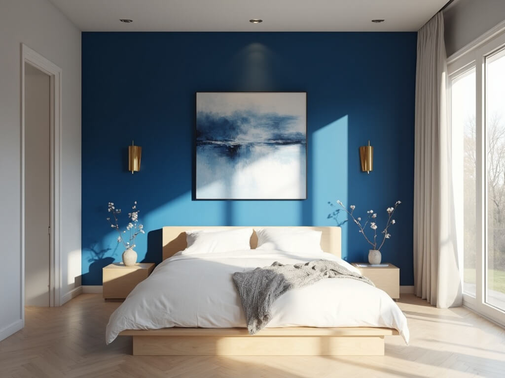 "Minimalistic blue bedroom with white bedding, brass wall sconces, and large abstract artwork, lit by soft morning light."