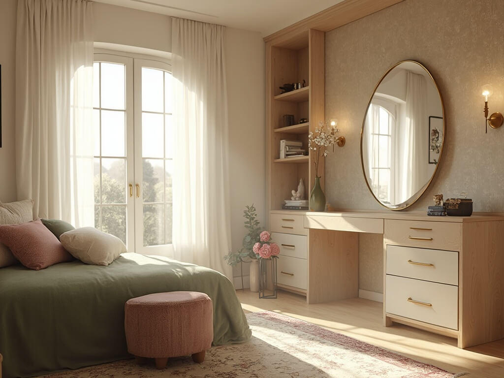 "Modern, compact bedroom design featuring a sage green daybed, floating desk, built-in storage, and warm atmospheric lighting"