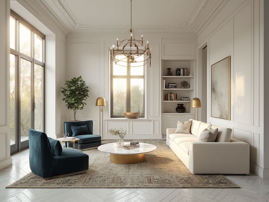 "Sophisticated transitional living room with cream sofa, blue velvet chairs, marble table, vintage rugs, and modern chandelier in golden hour lighting"