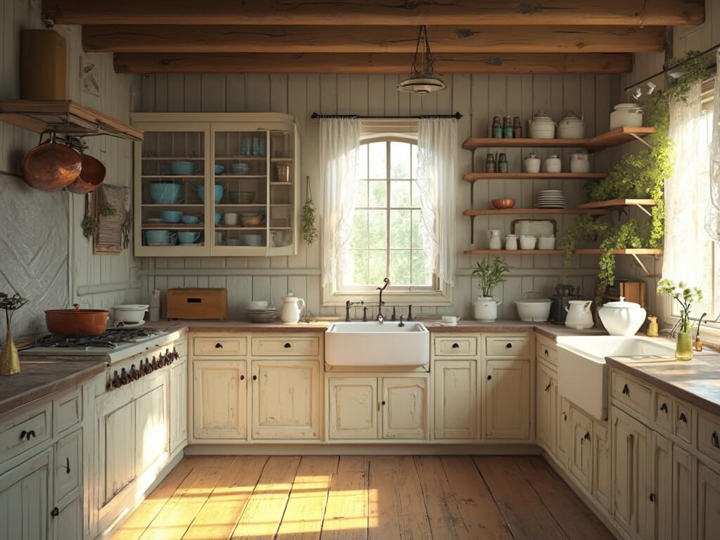 "Vintage farmhouse kitchen interior with antique decor, cream-colored hutch, blue enamelware, copper pots, marble-top island, brass scale, glass-front cabinets, depression glassware, rustic open shelving, cast iron cookware and an octagonal window in morning sunlight."