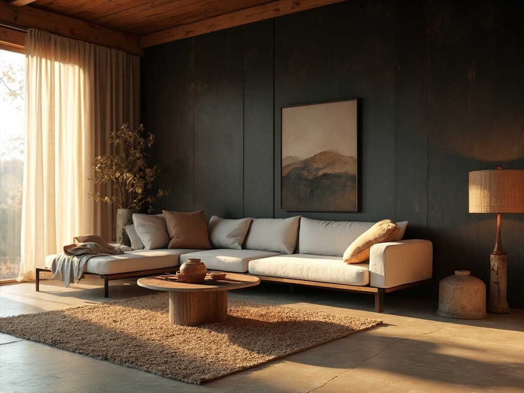 "Wabi-sabi style living room with minimalist furniture, earth-toned ceramics, and natural sunlight filtering through linen curtains"