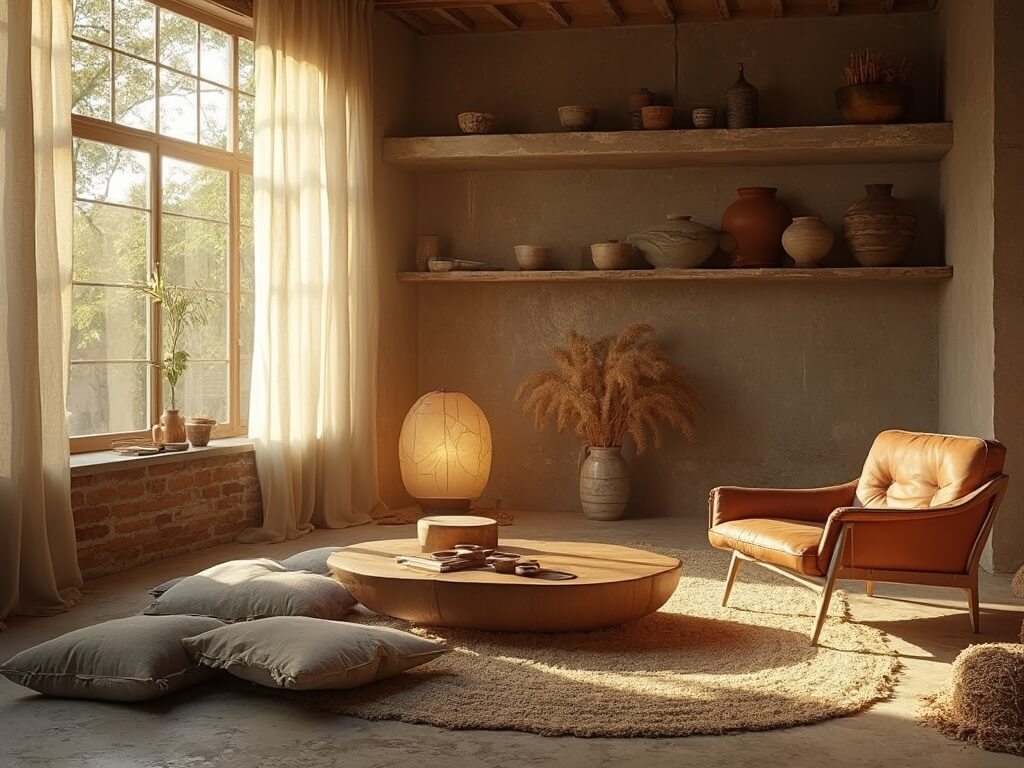 "A serene living room at golden hour, featuring natural textures and elements such as a walnut coffee table, linen curtains, ceramic décor, and a vintage leather armchair."