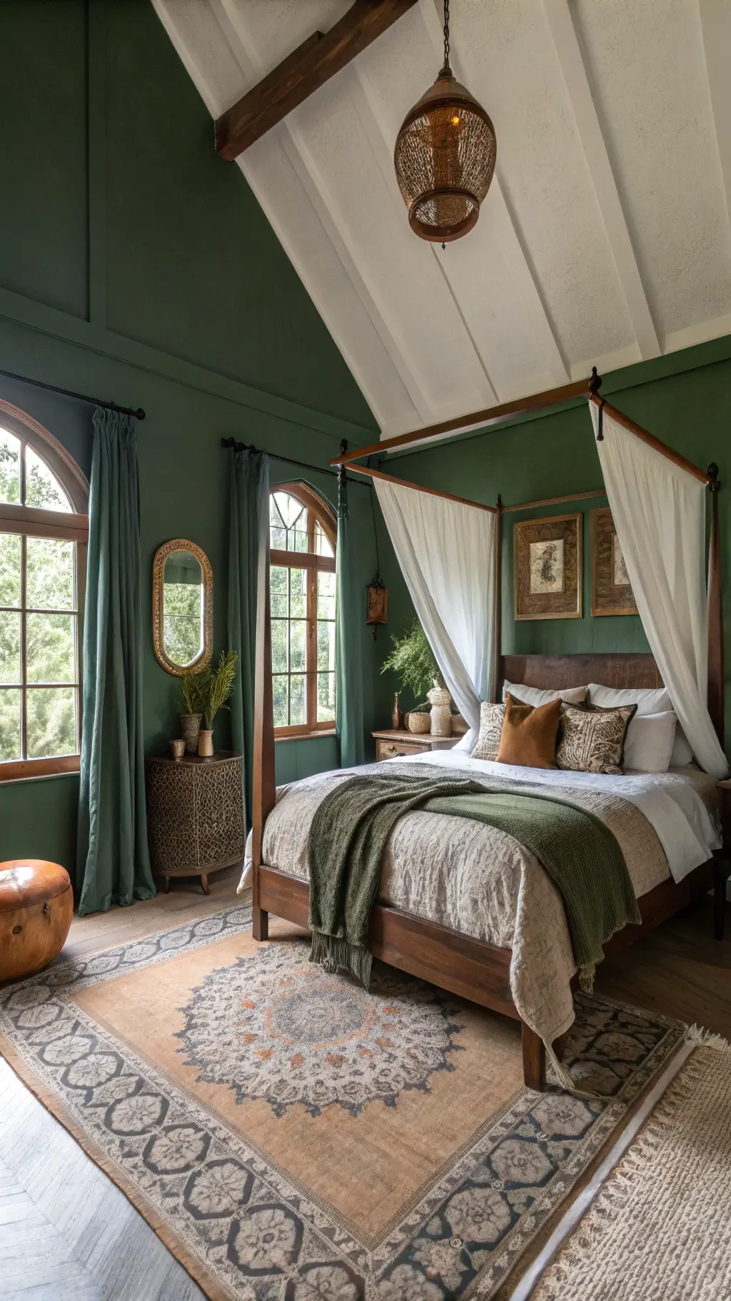 Luxurious 15x18ft bedroom with vaulted ceilings, forest green paneled walls, terracotta clay accents, dark bronze canopy bed with white curtains, earth-toned bedding, ceramic decorations, copper mirrors, sisal carpet and a vintage Moroccan rug, bathed in natural light.