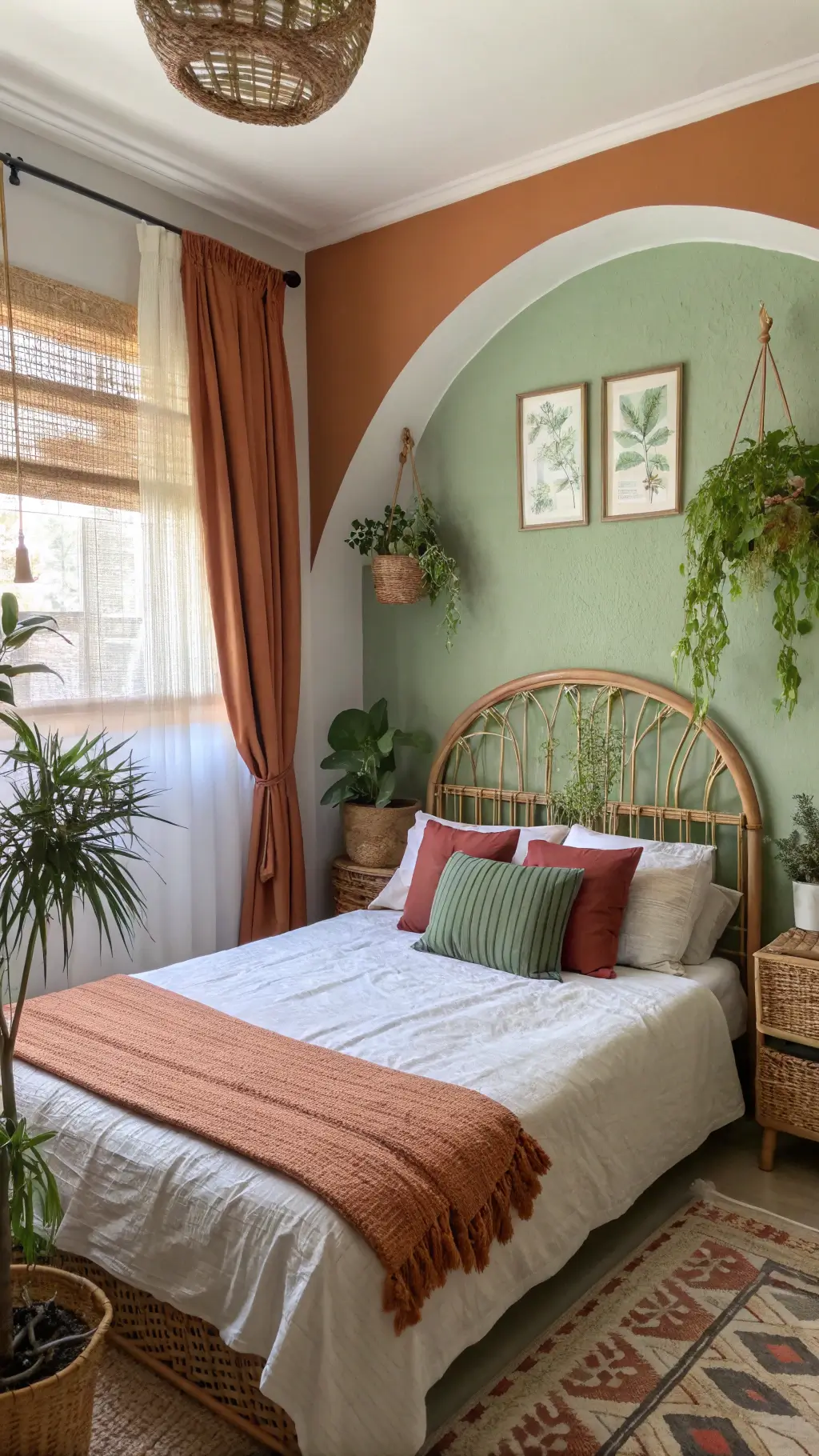 Cozy bohemian-style 10x12ft bedroom at midday featuring sage green and terracotta color-blocked walls, a rattan bed frame with woven <a href=