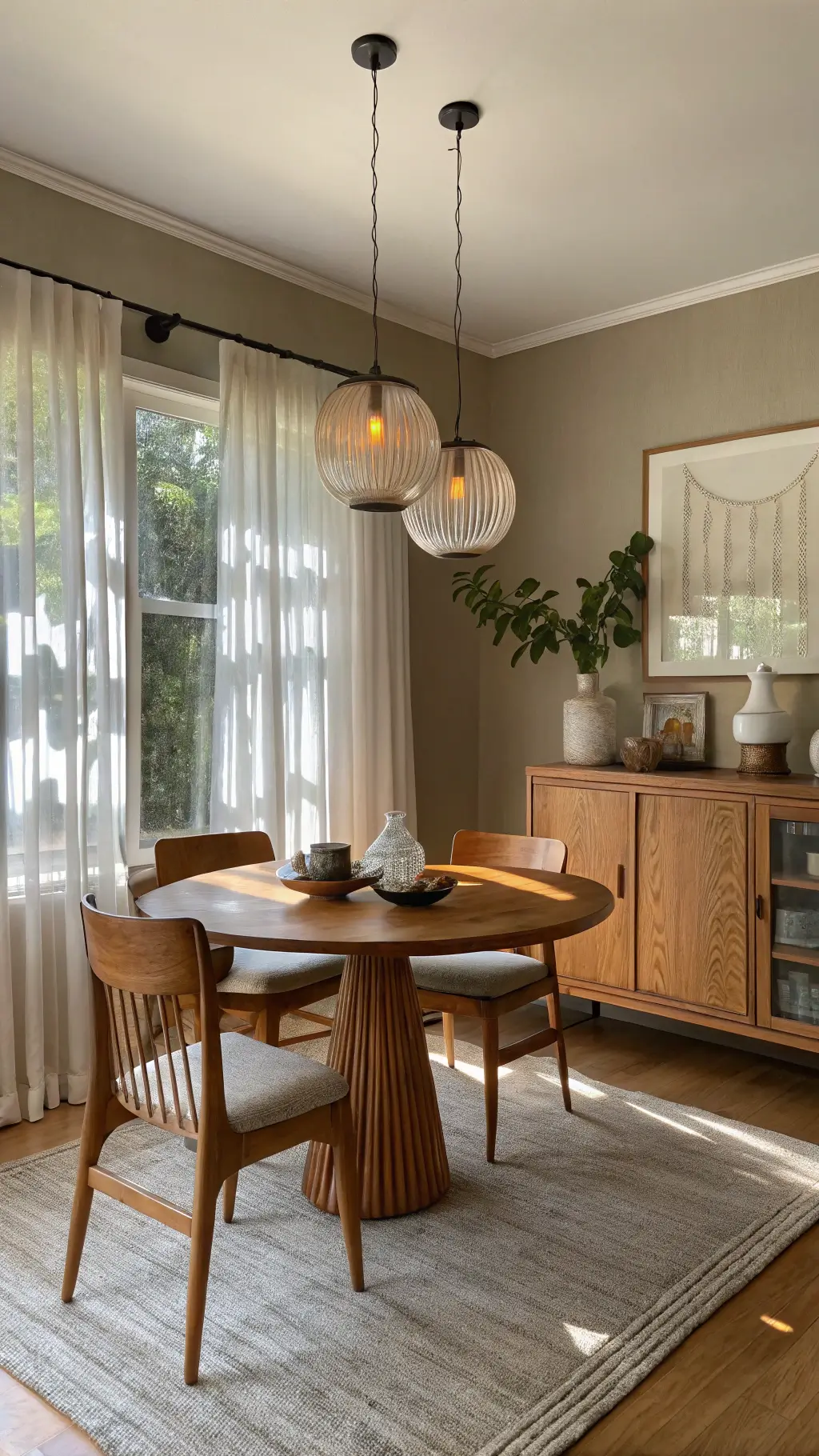 Golden hour dining room with warm light filtering through linen drapes onto oak furniture and taupe walls, emphasizing a subtle, warm neutral color palette.