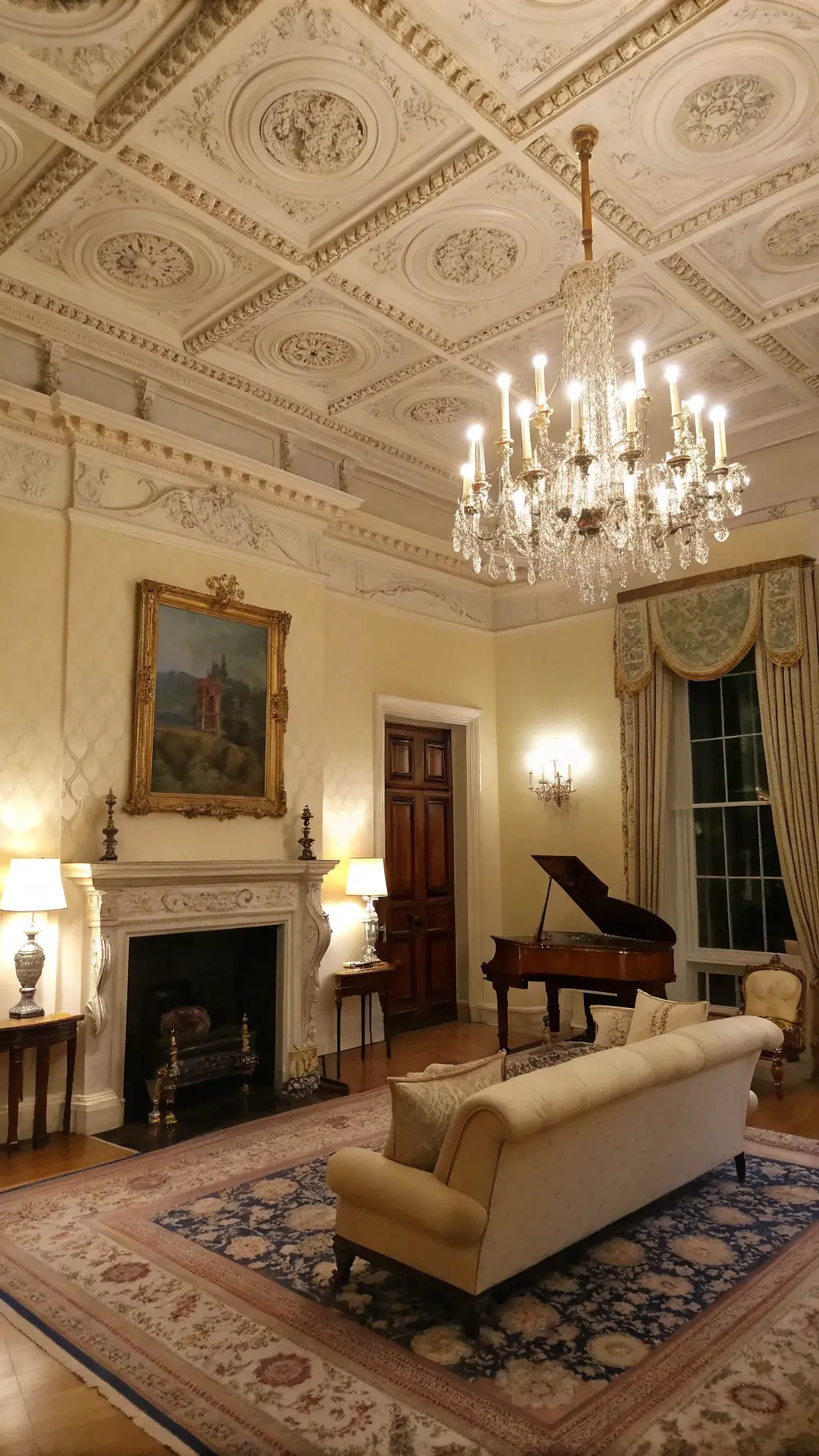 Elegant drawing room at twilight with high ceiling, plasterwork, cream sofas, marble fireplace, gilt mirror, crystal chandelier, aubusson carpet, grand piano and oil paintings.