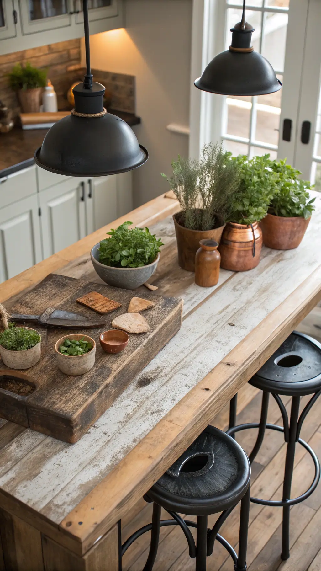 Overhead view of a reclaimed wood kitchen island styled with vintage cutting boards and ceramic vessels, highlighted by morning light and industrial pendant lights.