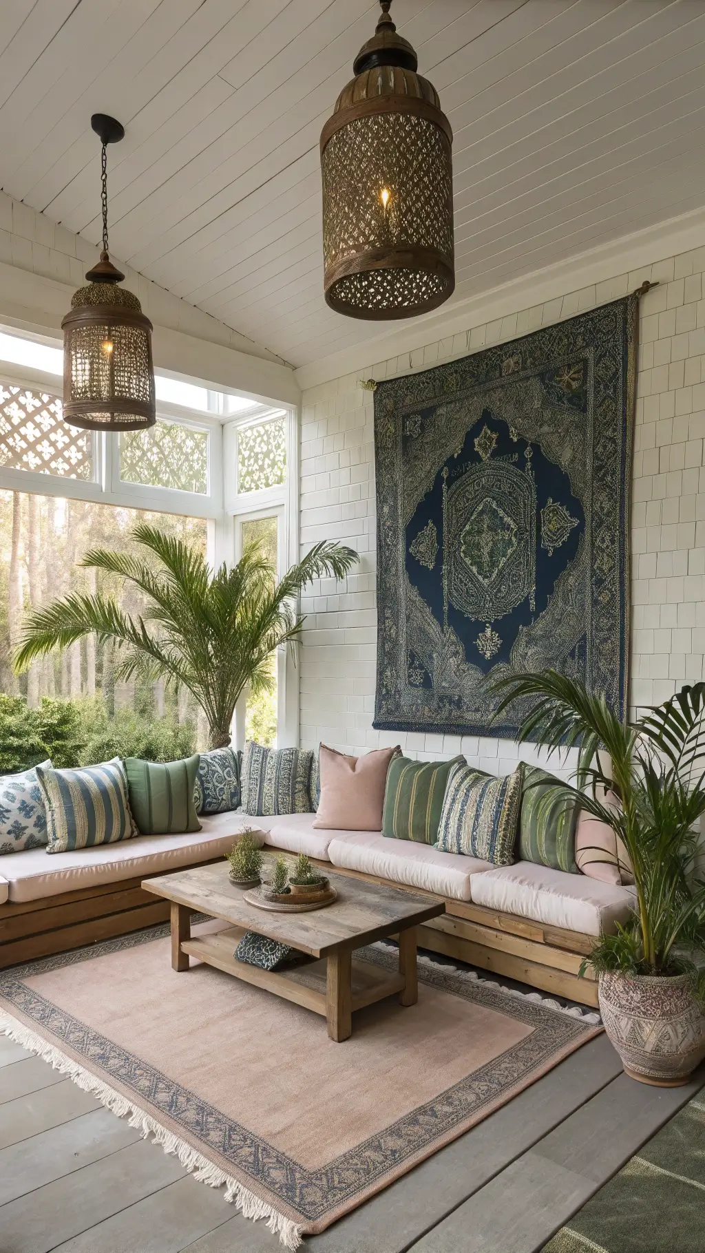 Golden hour in a sunlit 16x18ft sunroom featuring French doors, oversized rose and green linen cushions around a wooden coffee table, indigo wall tapestry, brass pendant lights casting shadows, vintage sari canopy, and potted palms.