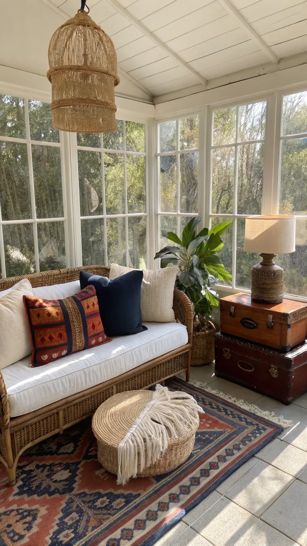 Bright midday sunroom with a rattan peacock sofa accented with kilim pillows, a large ceramic planter with a mature monstera, vintage suitcases serving as a side table, a woven pendant light, and sheepskin throw blankets. Light is diffused through sheer curtains.