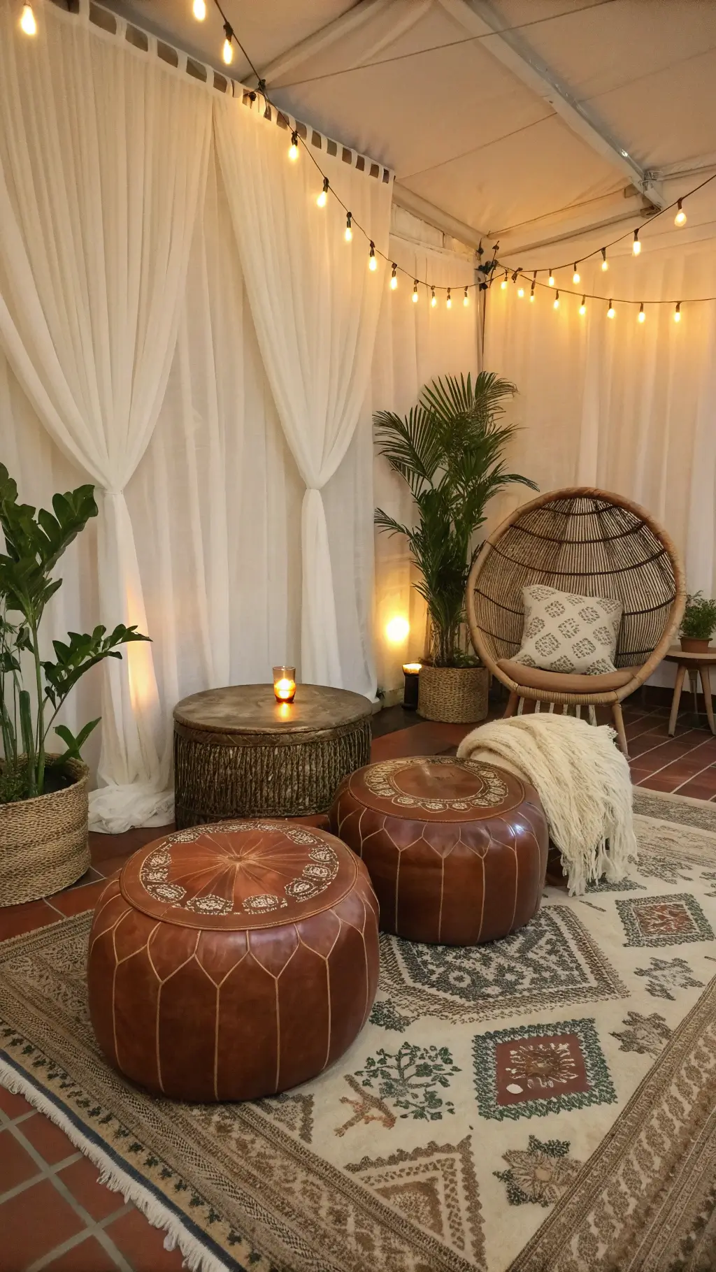 A cozy 12x12 reception lounge corner lit by warm candlelight showcasing three vintage Moroccan leather poufs in cognac and cream, brass coffee table, rugs with faded terracotta and ivory patterns, a draped rattan peacock chair, macramé plant hangers with trailing pothos and ambient string lights, captured at a 45-degree angle.