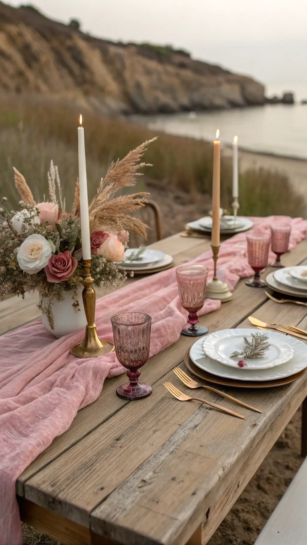 Twilight dining setup on a weathered oak farm table featuring dusty rose gauze runner, bronze vintage candlesticks with beeswax candles, organic ceramic plates with rose gold flatware, and a centerpiece of pampas grass, protea and garden roses in earthen vessels.