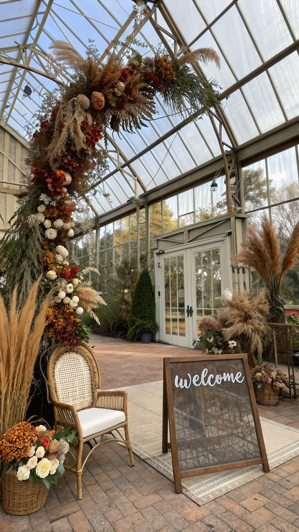 Vintage greenhouse entrance with high glass ceiling, asymmetrical floral installation with dried palm fronds and preserved flowers, and a rattan peacock chair under a handwritten welcome sign in a mirror.