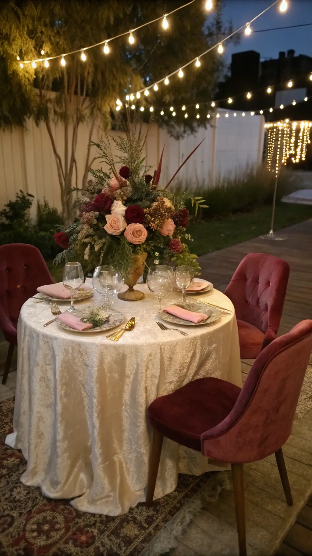 Vintage sweetheart table setting for two with dusty rose velvet chairs, dramatic floral arrangement, ceramic chargers, cut crystal, and gold cutlery under market lights.